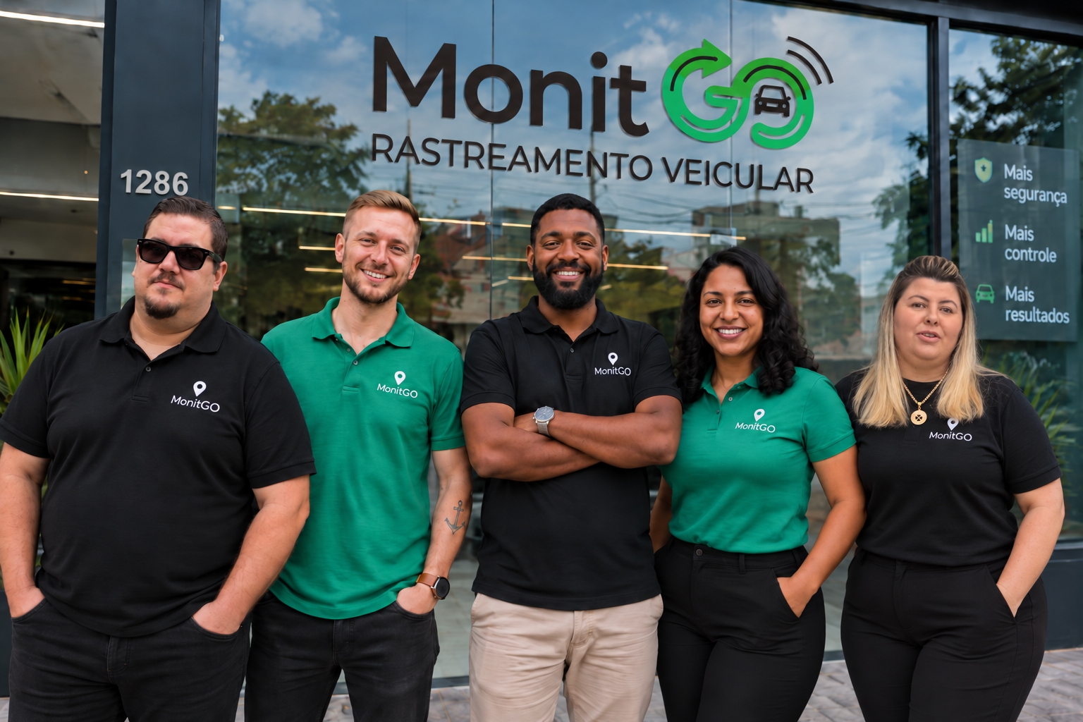 Equipe MonitGO com cinco colaboradores uniformizados com camisas verdes e pretas da marca em frente à unidade
