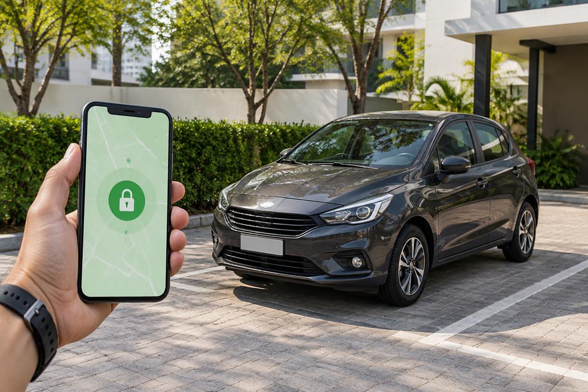 Carro estacionado e celular com símbolo de bloqueio remoto do motor — Bloqueador Veicular MonitGO em Araucária/PR