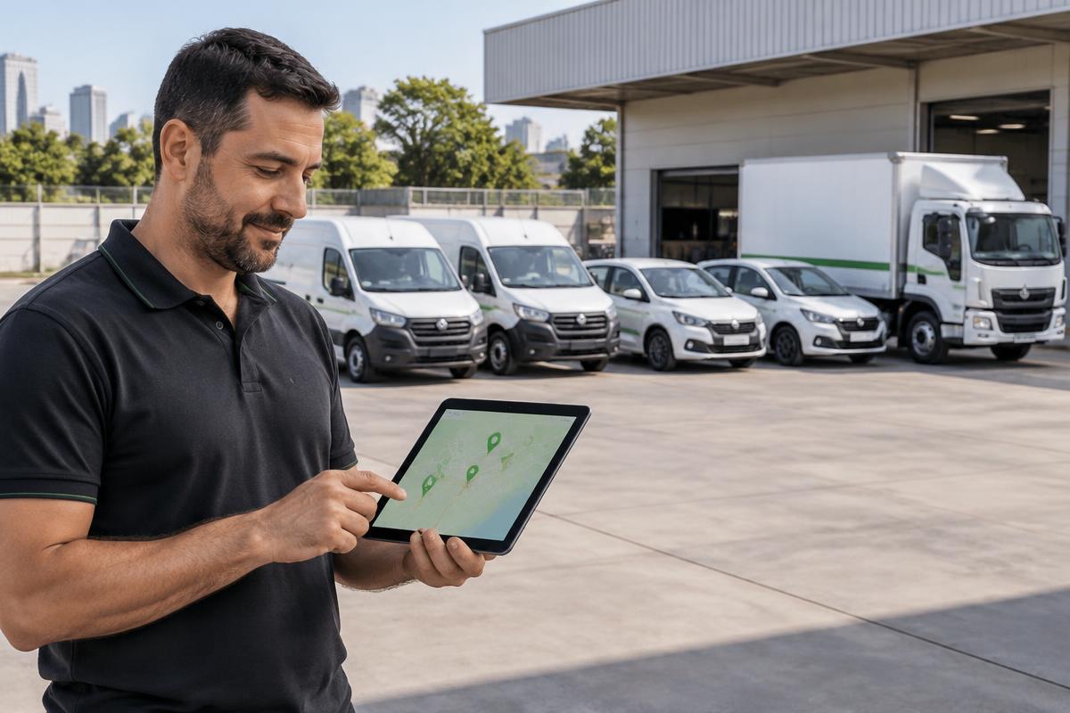 Gestor com tablet diante de uma frota de vans, carros e caminhão — Gestão de Frotas MonitGO em Blumenau/SC