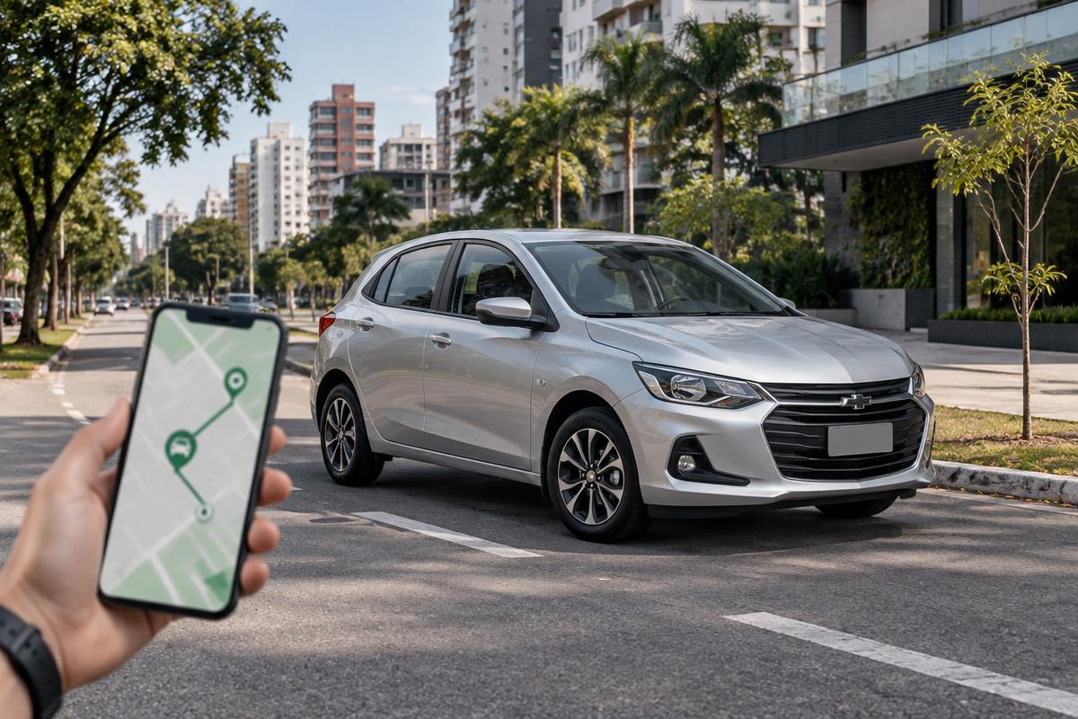 Carro prata estacionado e celular com mapa de localização GPS — Rastreador para Carros MonitGO em Balneário Camboriú/SC