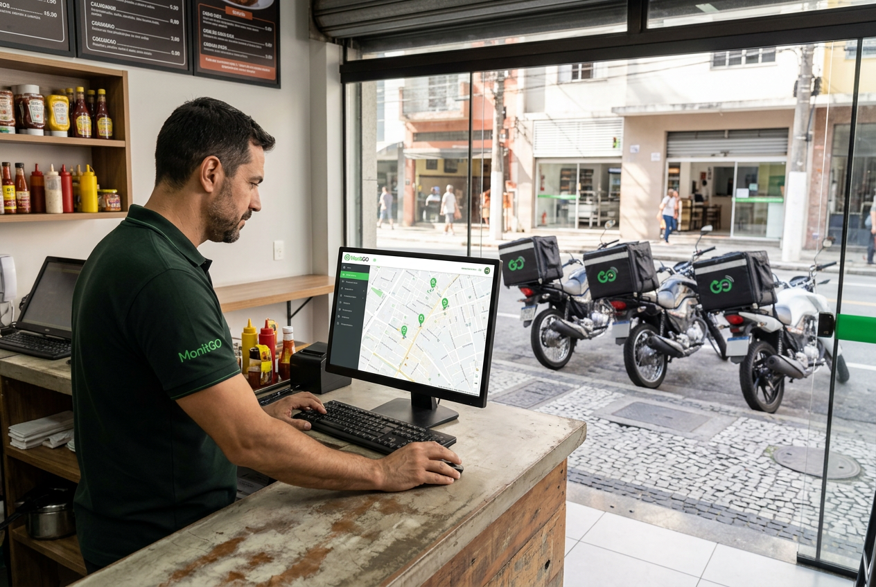 Dono de estabelecimento acompanha os pontos das motos no mapa MonitGO pelo computador sobre o balcão, com motos de delivery estacionadas em frente — Rastreador para Delivery MonitGO em Barra Velha/SC