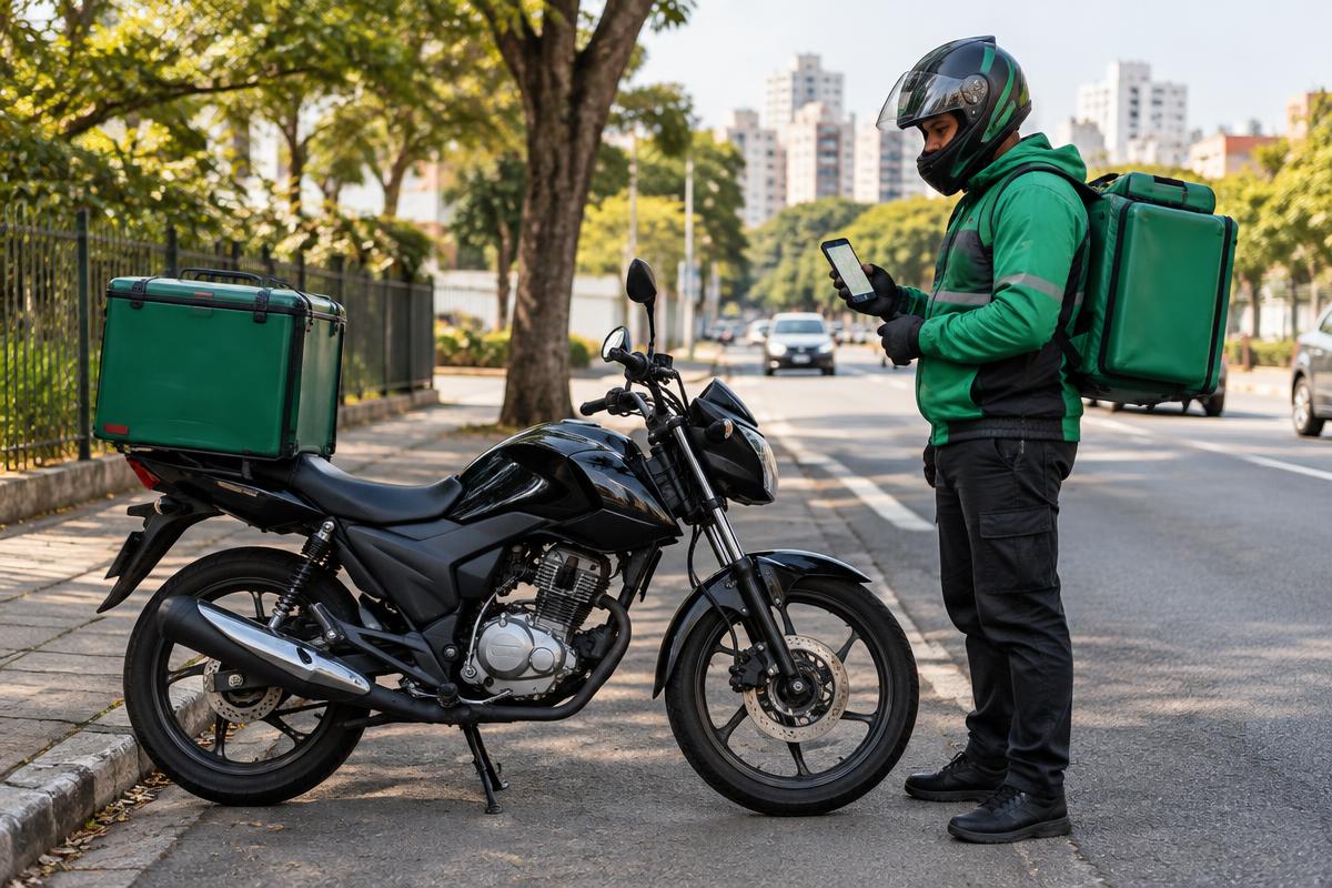 Motoboy com capacete ao lado da moto de entregas consultando o celular — Rastreador para Motoboys MonitGO em Joinville/SC