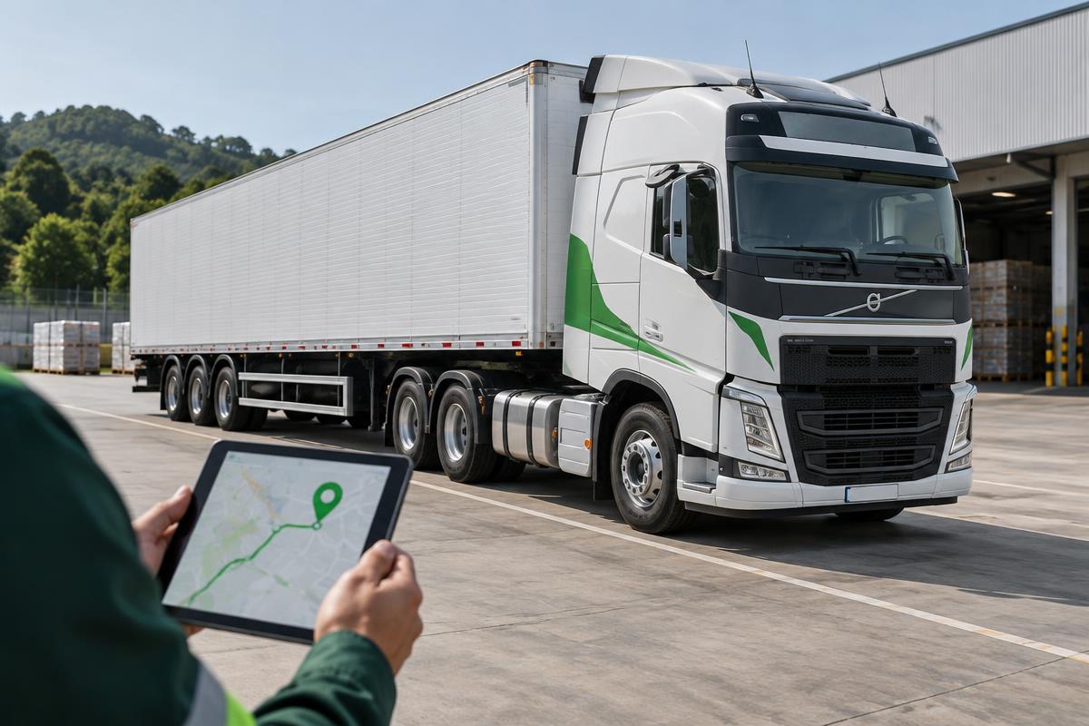 Caminhão branco com carreta em pátio logístico e tablet com localização GPS — Rastreamento de Caminhões MonitGO em Itajaí/SC