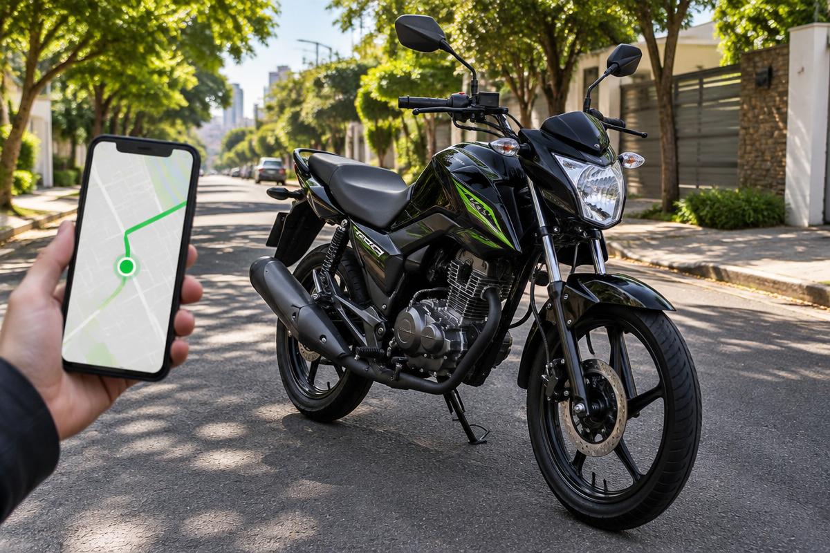 Moto de rua preta e verde estacionada e celular com rota GPS — Rastreamento de Motos MonitGO em Itapema/SC