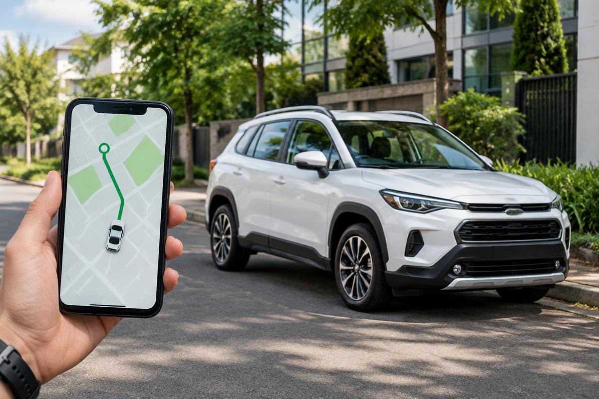SUV branco estacionado e celular com rota e localização do veículo — Rastreamento Veicular MonitGO em Jaraguá do Sul/SC