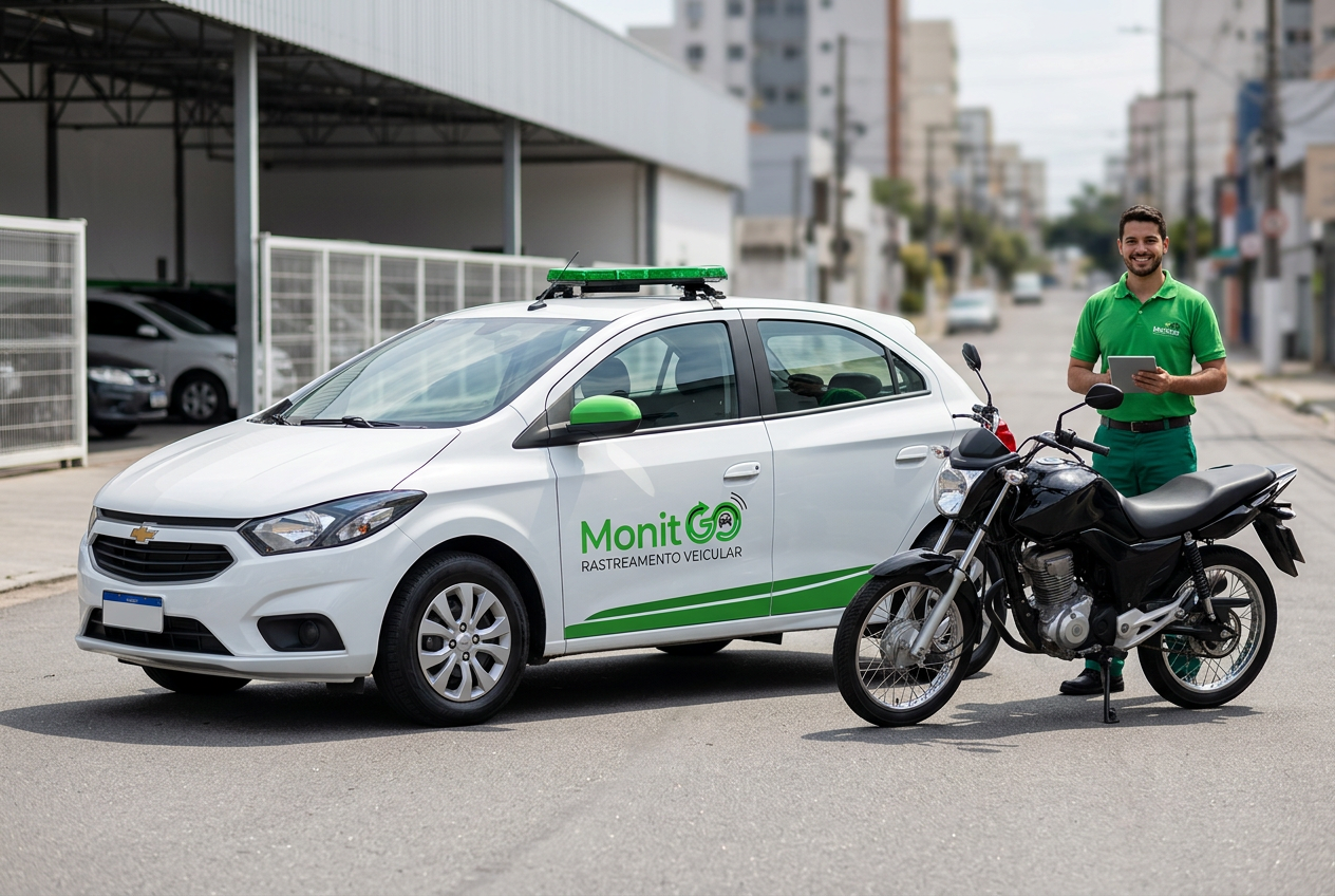 Cena ilustrativa de moto recuperada acompanhada por carro branco com logo MonitGO nas portas, detalhes verdes e giroflex verde no teto — Recuperação Veicular MonitGO em Itapoá/SC