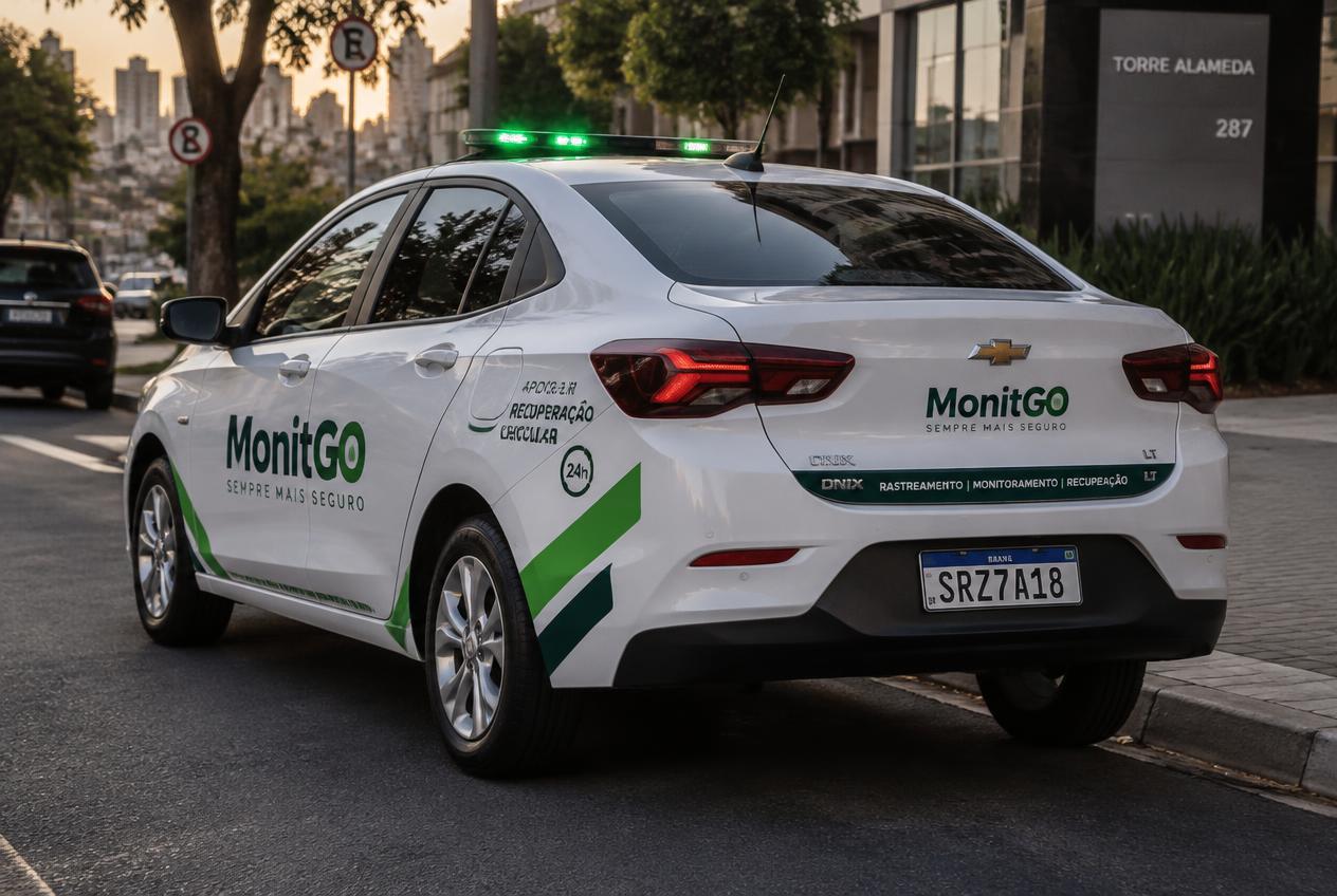 Carro de apoio da recuperação veicular MonitGO, um sedã branco com logo nas portas, faixas verdes e giroflex verde no teto, visto pela traseira